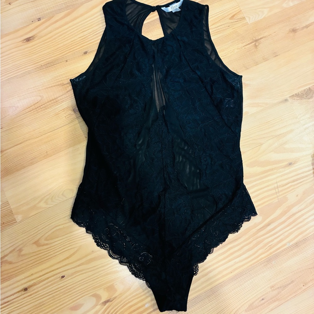 Flora Black Lace Bodysuit one piece body suit Sz large sexy